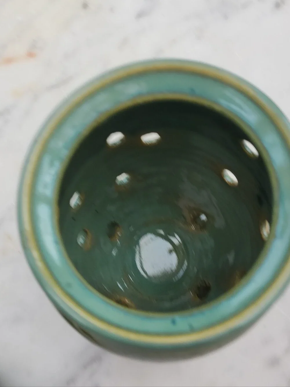 Holman Pottery Garlic Keeper Jar in Sea Pearl Green Ventilation Holes 6